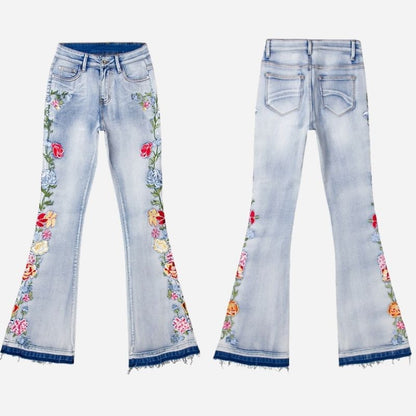 Women's retro floral embroidered flare jeans, front and back views