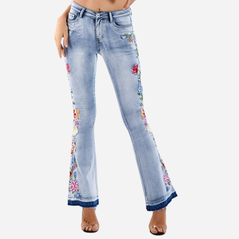 Retro floral embroidered flare jeans