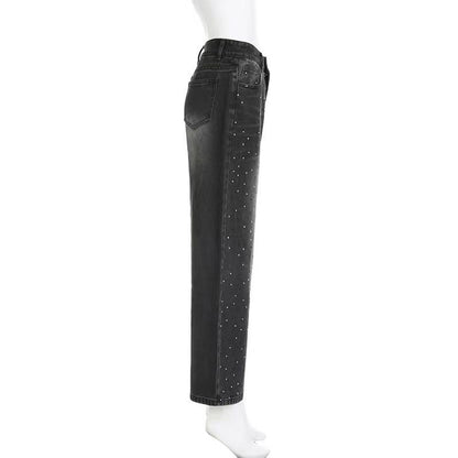 Rhinestone Jeans Women Wide Leg Low Waist Denim Y2K Sparkle Trousers