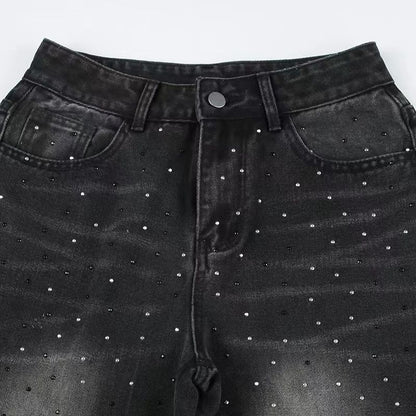 Rhinestone Jeans Women Wide Leg Low Waist Denim Y2K Sparkle Trousers