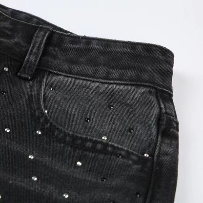 Rhinestone Jeans Women Wide Leg Low Waist Denim Y2K Sparkle Trousers