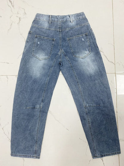 Ripped Barrel Jeans Women's Low Rise Distressed Straight Leg Loose Fit Denim