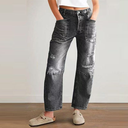 Women’s low rise ripped barrel jeans cropped straight leg baggy denim in black, front view