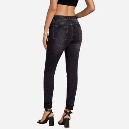 Skinny jeans for women high waisted fold hem stretchy denim pants in black, back view