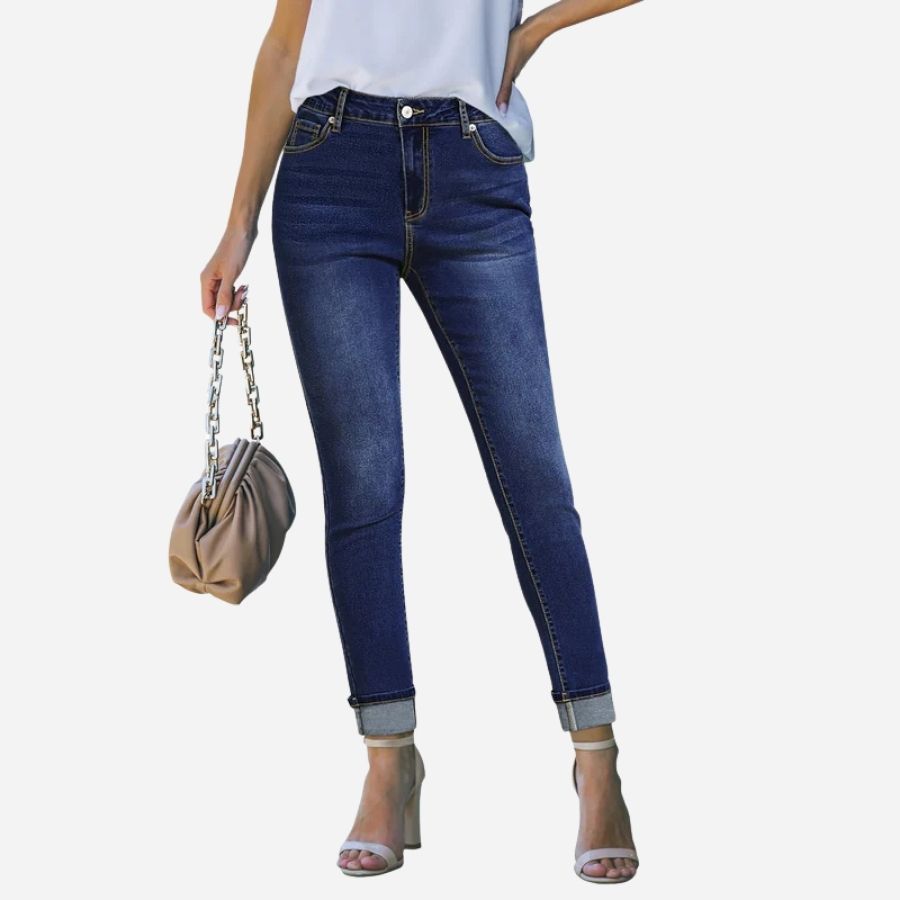 Skinny jeans for women high waisted fold hem stretchy denim in blue, front view