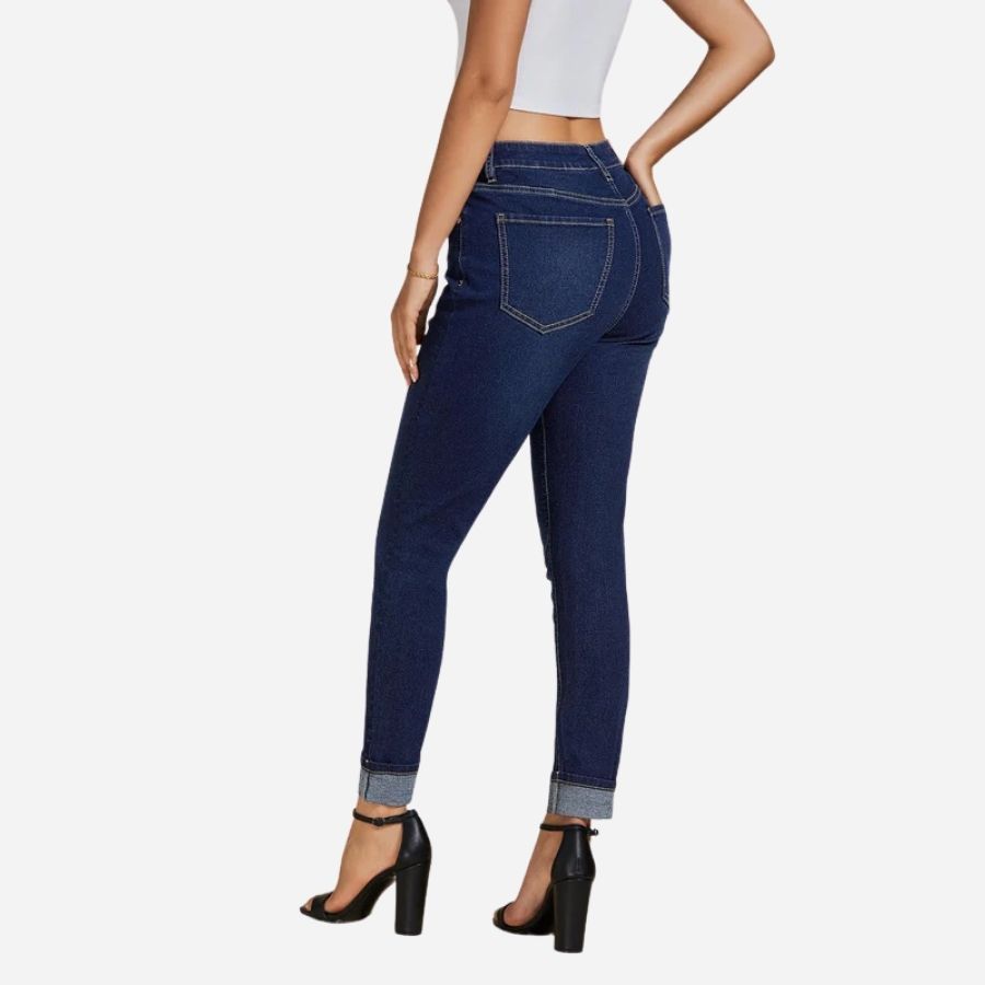 Skinny jeans for women high waisted fold hem stretchy denim pants in navy, back view