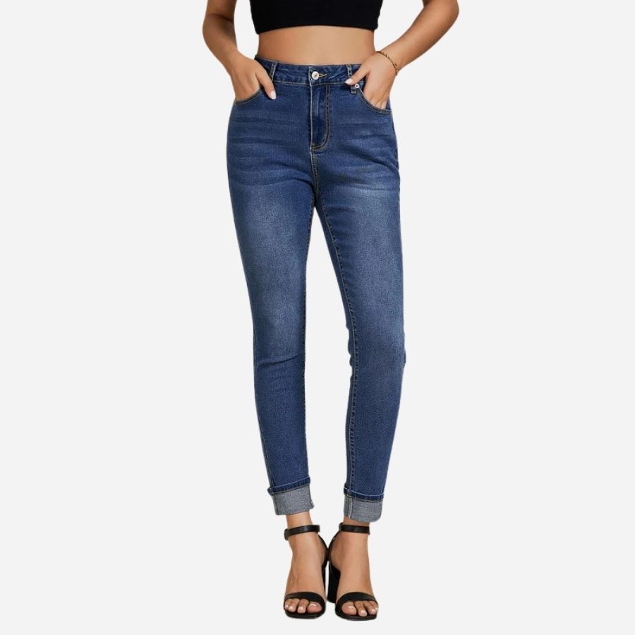 Skinny jeans for women high waisted fold hem stretchy denim pants in blue, front view