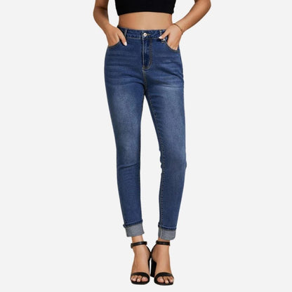 Skinny jeans for women high waisted fold hem stretchy denim pants in blue, front view