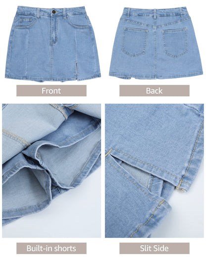 Women Denim Mini Skirt Side Slit with High Waisted Jean Skirt