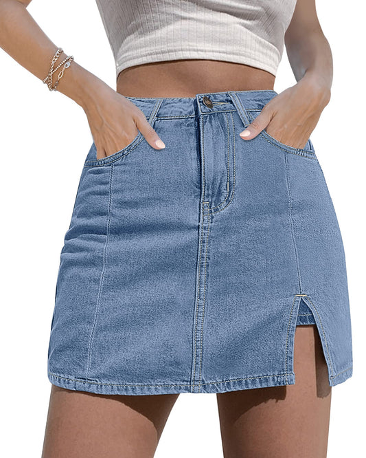Women Denim Mini Skirt Side Slit with High Waisted Jean Skirt