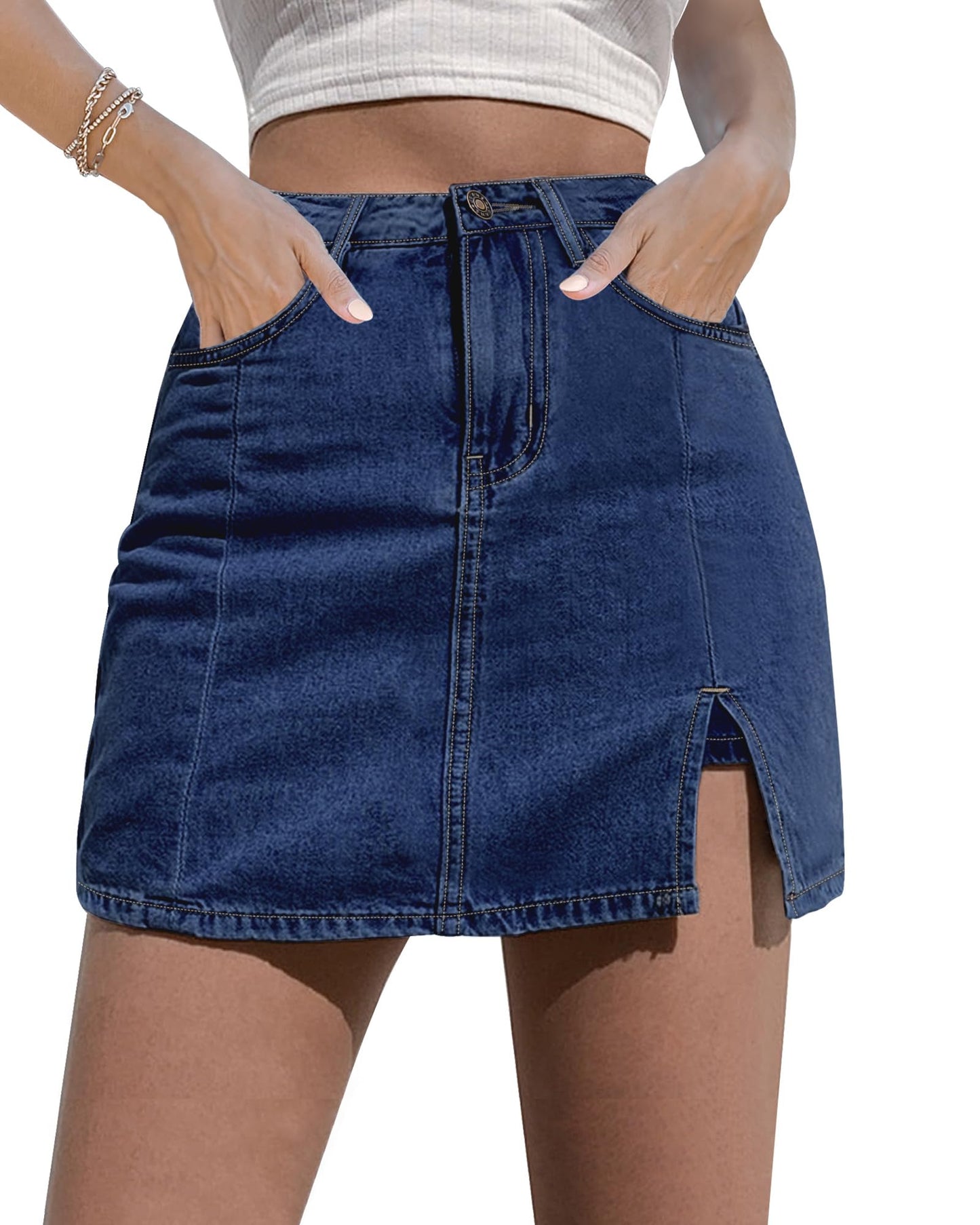 Women Denim Mini Skirt Side Slit with High Waisted Jean Skirt