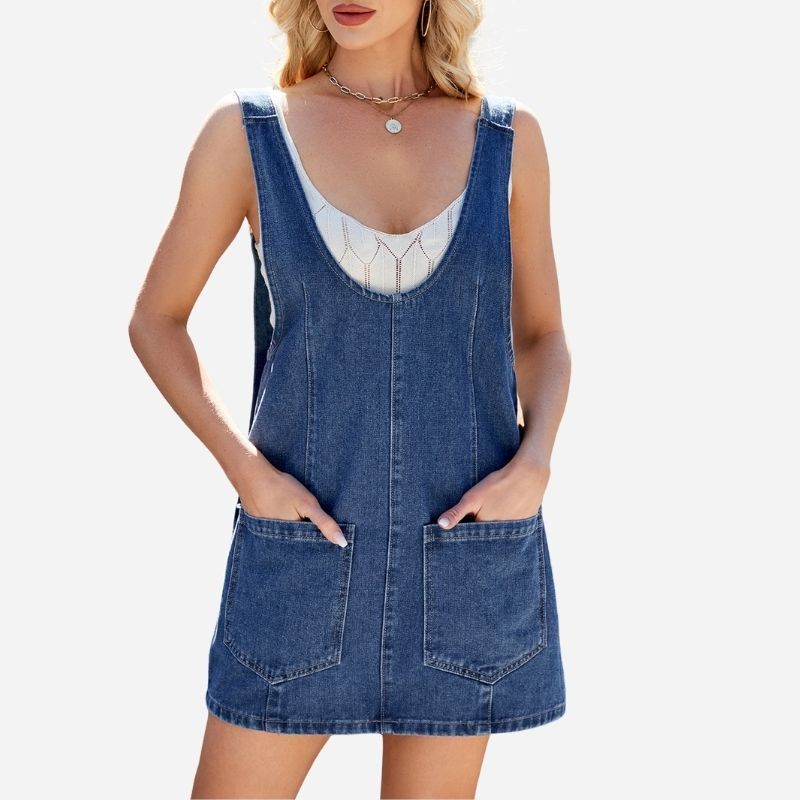 Sleeveless denim overall dress mini jean jumper with adjustable straps in blue, front view