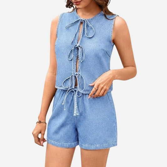 Sleeveless denim tie-front crop top & shorts two-piece set in light blue
