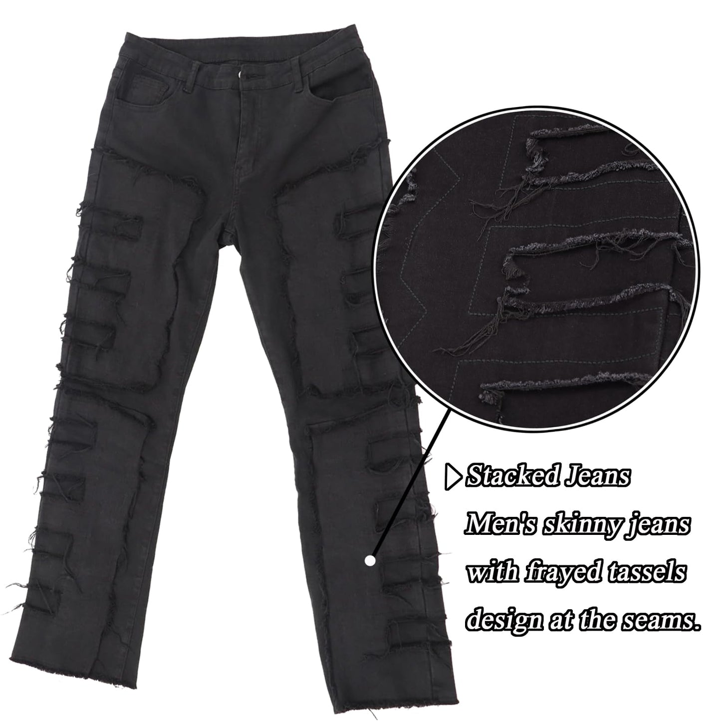 Stacked jeans men‘s skinny denim pants in black, details view