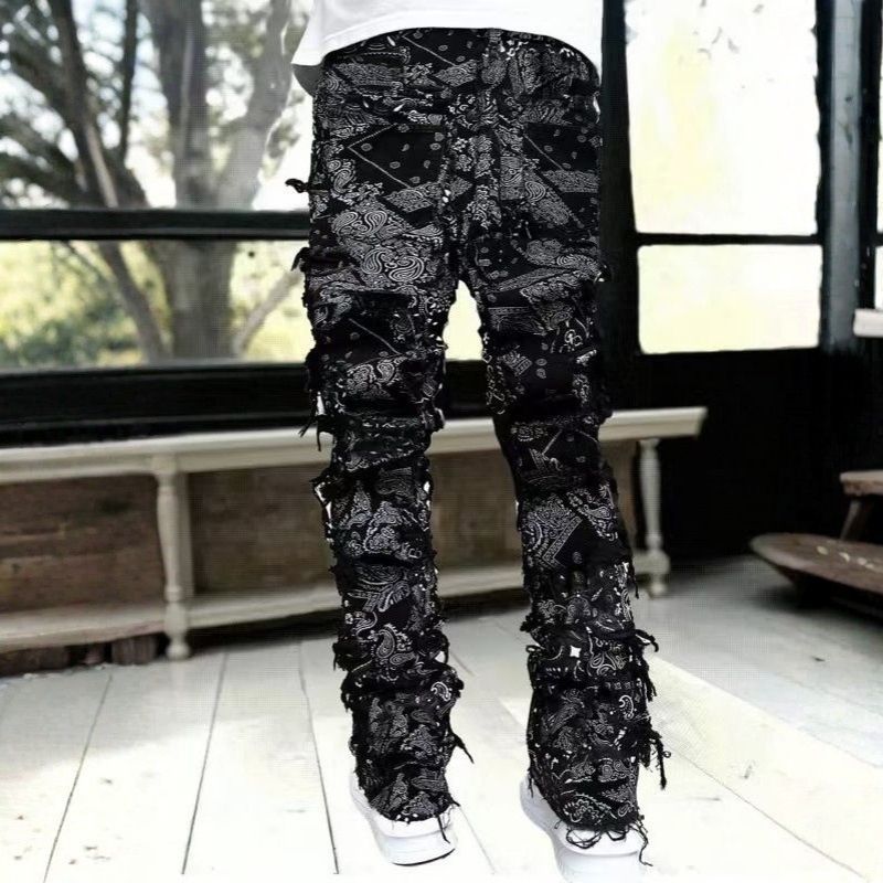 Stacked jeans men‘s skinny denim pants in black printed, back view