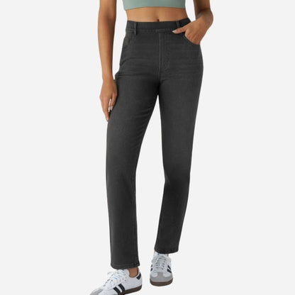 Straight Leg Jeans for Women Stretchy Pull on Sweatpant Tummy Control Denim