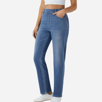 Straight Leg Jeans for Women Stretchy Pull on Sweatpant Tummy Control Denim