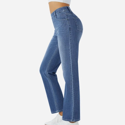 Straight Leg Jeans for Women Stretchy Pull on Sweatpant Tummy Control Denim