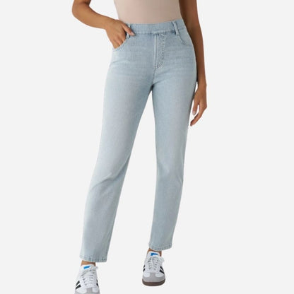 Straight Leg Jeans for Women Stretchy Pull on Sweatpant Tummy Control Denim
