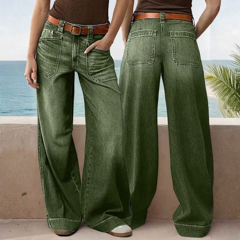 Straight wide leg baggy jeans for women loose fit denim pants in army green