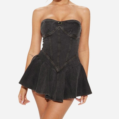 Strapless denim mini dress women off shoulder corset tube jean dress in black, front view