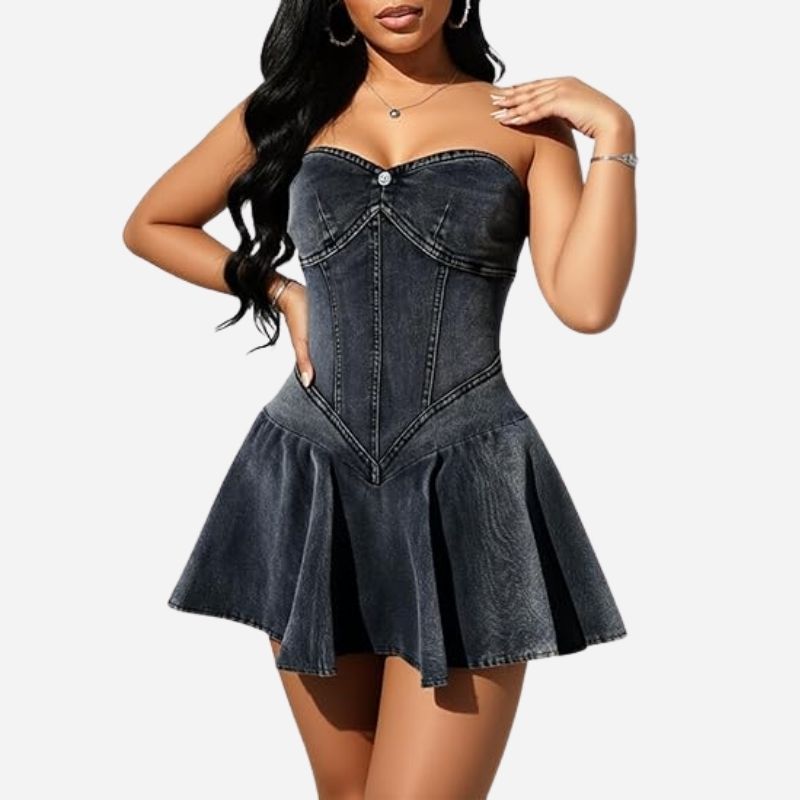 Strapless denim dress women off shoulder corset tube jean dress in black, front view