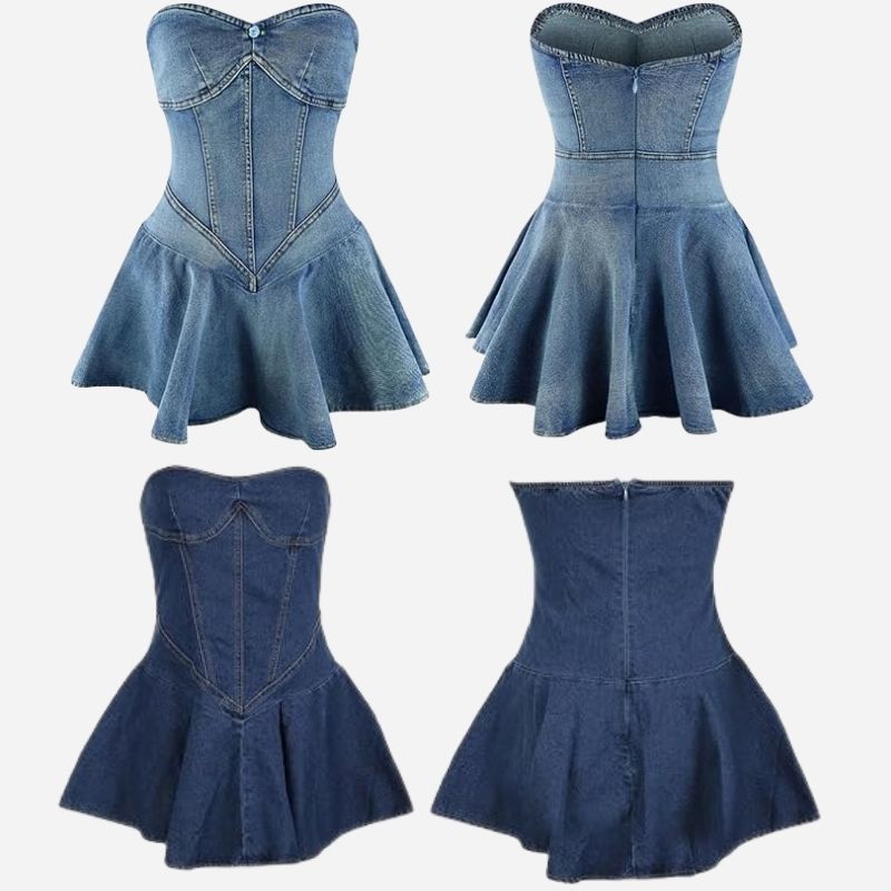 Strapless denim mini dress women off shoulder corset tube jean dress, front and back views