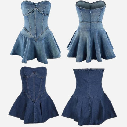 Strapless denim mini dress women off shoulder corset tube jean dress, front and back views