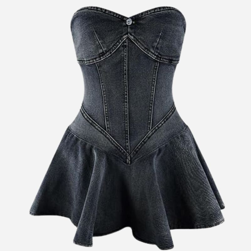 Strapless denim mini dress women off shoulder corset tube jean dress in black, front view
