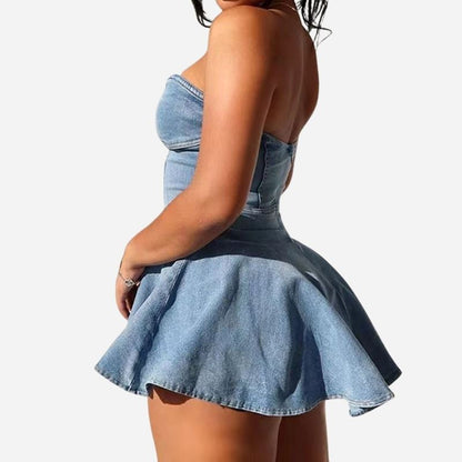 Strapless denim mini dress women off shoulder corset tube jean dress, side view