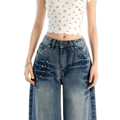 Studded Jeans Women High Waisted Straight Wide Leg Baggy Denim Trousers