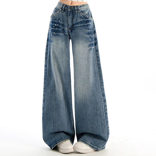 Studded Jeans Women High Waisted Straight Wide Leg Baggy Denim Trousers