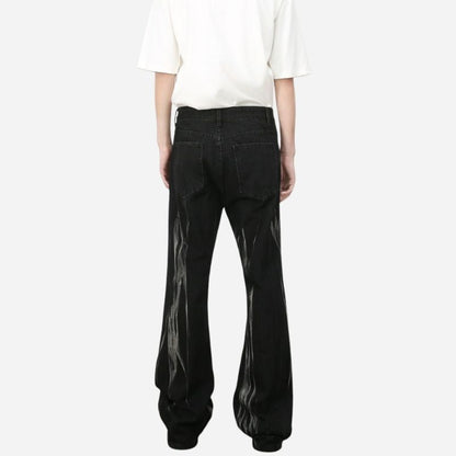 Tie dye hip hop wide leg jeans streetwear y2k men's baggy flared denim pants in black, back view