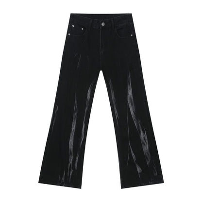 Tie dye hip hop wide leg jeans streetwear y2k men's baggy flared denim pants in black, flat lay front