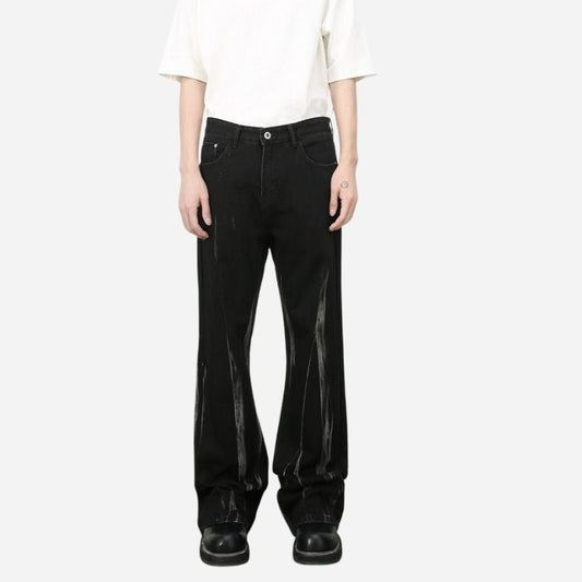 Tie dye hip hop wide leg jeans streetwear y2k men's baggy flared denim pants in black, front view