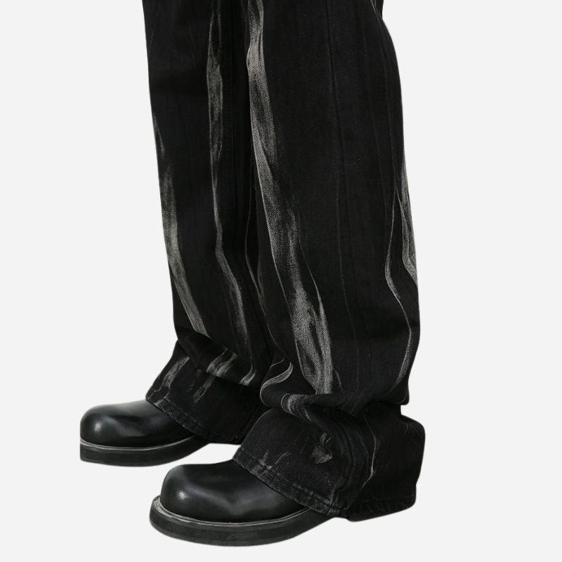 Tie dye hip hop wide leg jeans streetwear y2k men's baggy flared denim pants in black, hem details