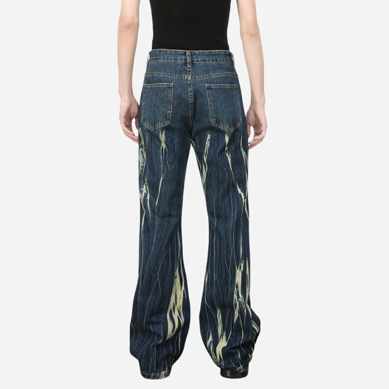 Tie dye hip hop wide leg jeans streetwear y2k men's baggy flared denim pants in blue, back view