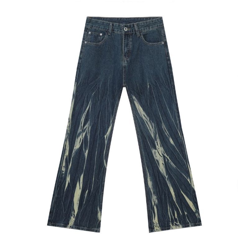 Tie dye hip hop wide leg jeans streetwear y2k men's baggy flared denim pants in blue, flat lay front