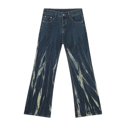 Tie dye hip hop wide leg jeans streetwear y2k men's baggy flared denim pants in blue, flat lay front