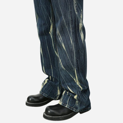 Tie dye hip hop wide leg jeans streetwear y2k men's baggy flared denim pants in blue, hem details