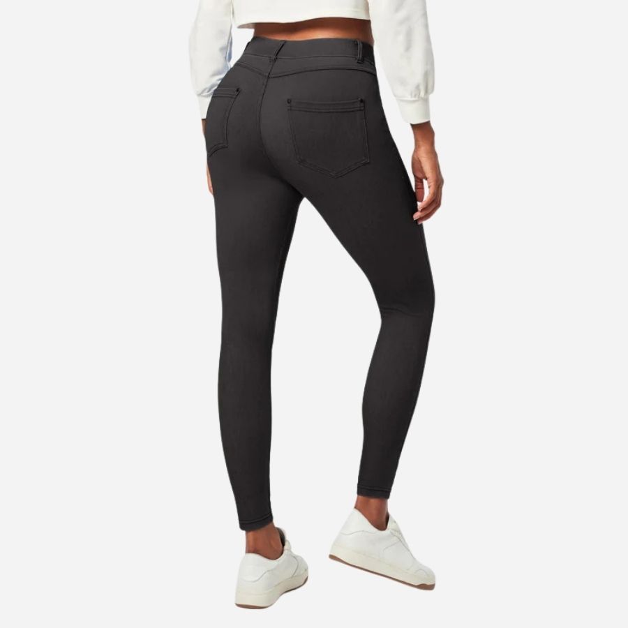 Tummy control stretchy jeans women high waisted pull on denim leggings sweatpants in black, back view