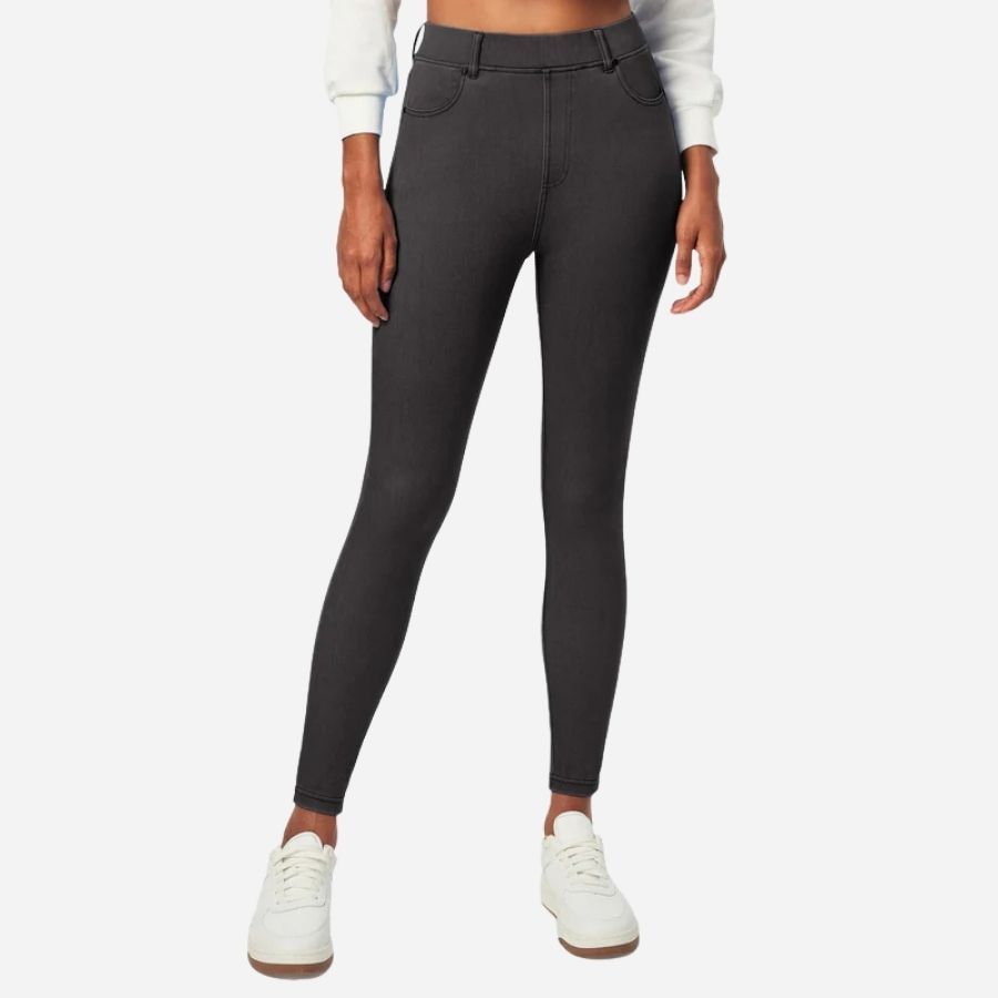 Tummy control stretchy jeans women high waisted pull on denim leggings sweatpants in black, front view