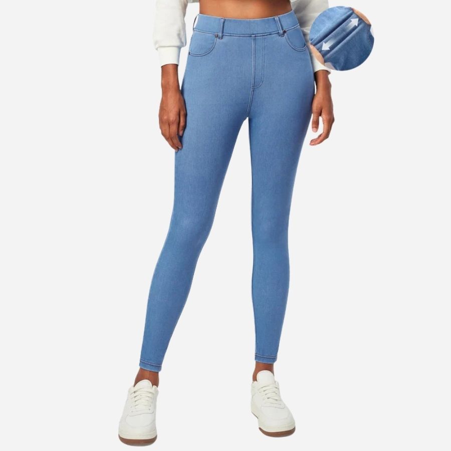 Tummy control stretchy jeans women high waisted pull on denim leggings sweatpants in blue, front view