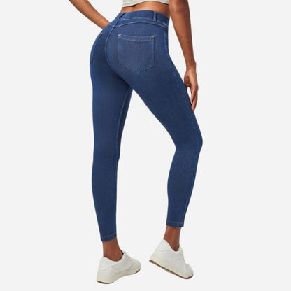 Tummy control stretchy jeans women high waisted pull on denim leggings sweatpants in navy, back view