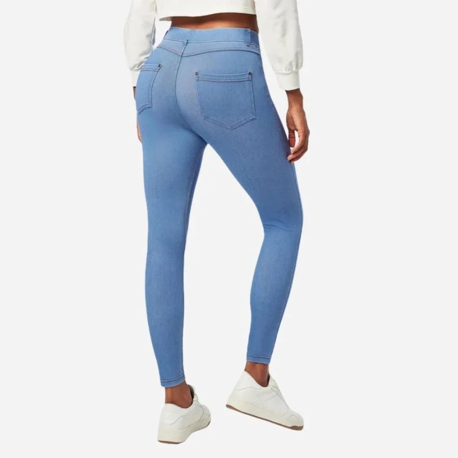 Tummy control stretchy jeans women pull on denim leggings sweatpants in blue, back view