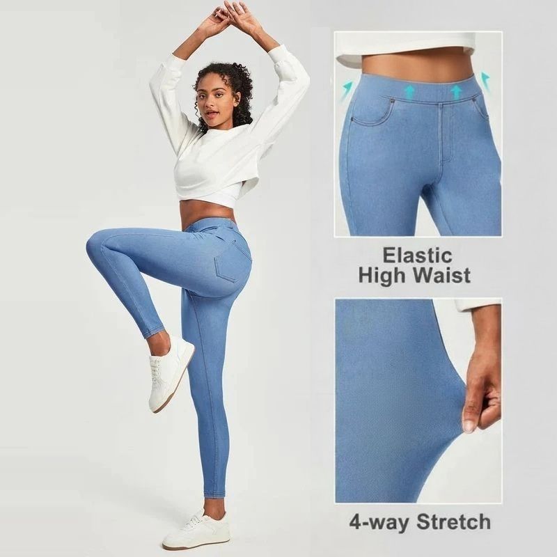 Tummy control stretchy jeans women pull on denim leggings sweatpants in blue, details view