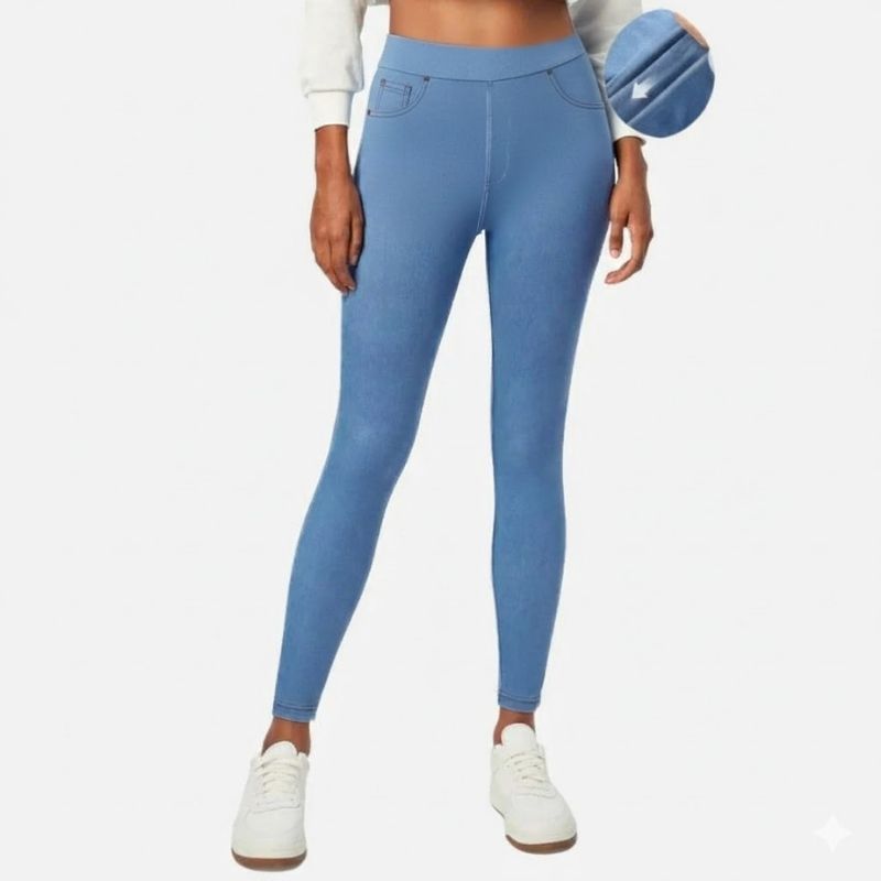 Tummy control stretchy jeans women pull on denim leggings sweatpants in blue, front view