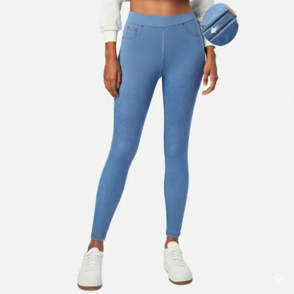 Tummy control stretchy jeans women pull on denim leggings sweatpants in blue, front view