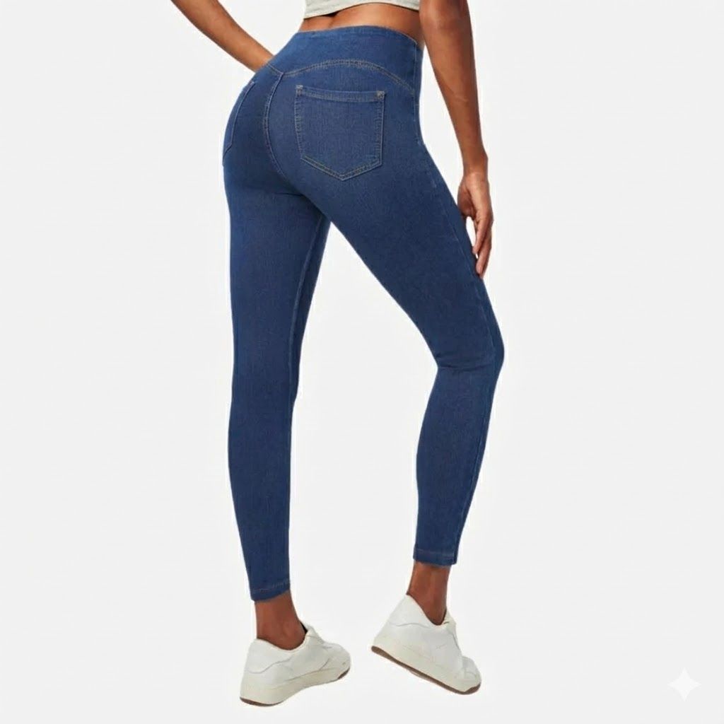 Tummy control stretchy jeans women pull on denim leggings sweatpants in navy, back view