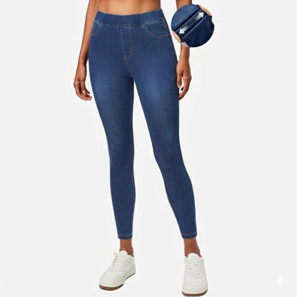 Tummy control stretchy jeans women pull on denim leggings sweatpants in navy, front view